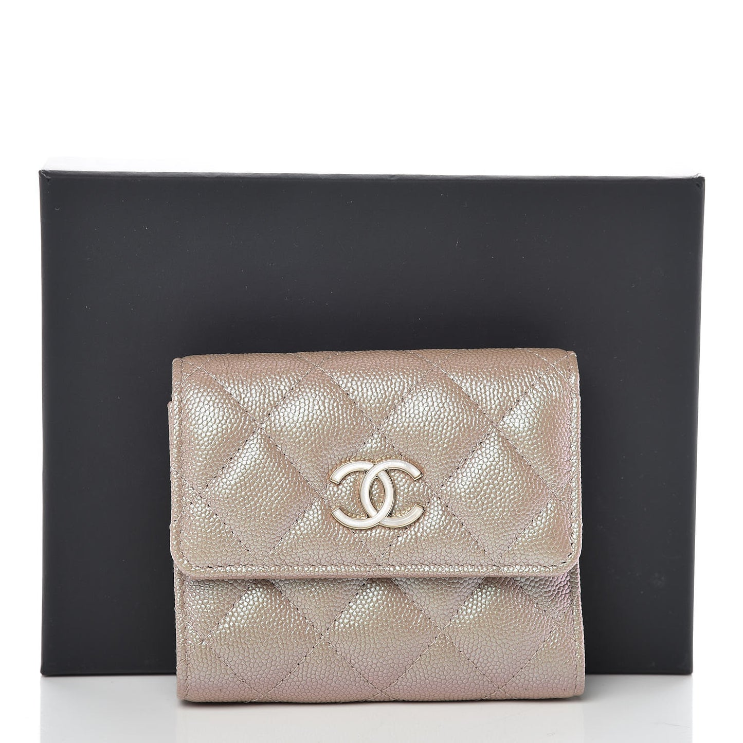 Iridescent Caviar Quilted Small Flap Wallet Beige