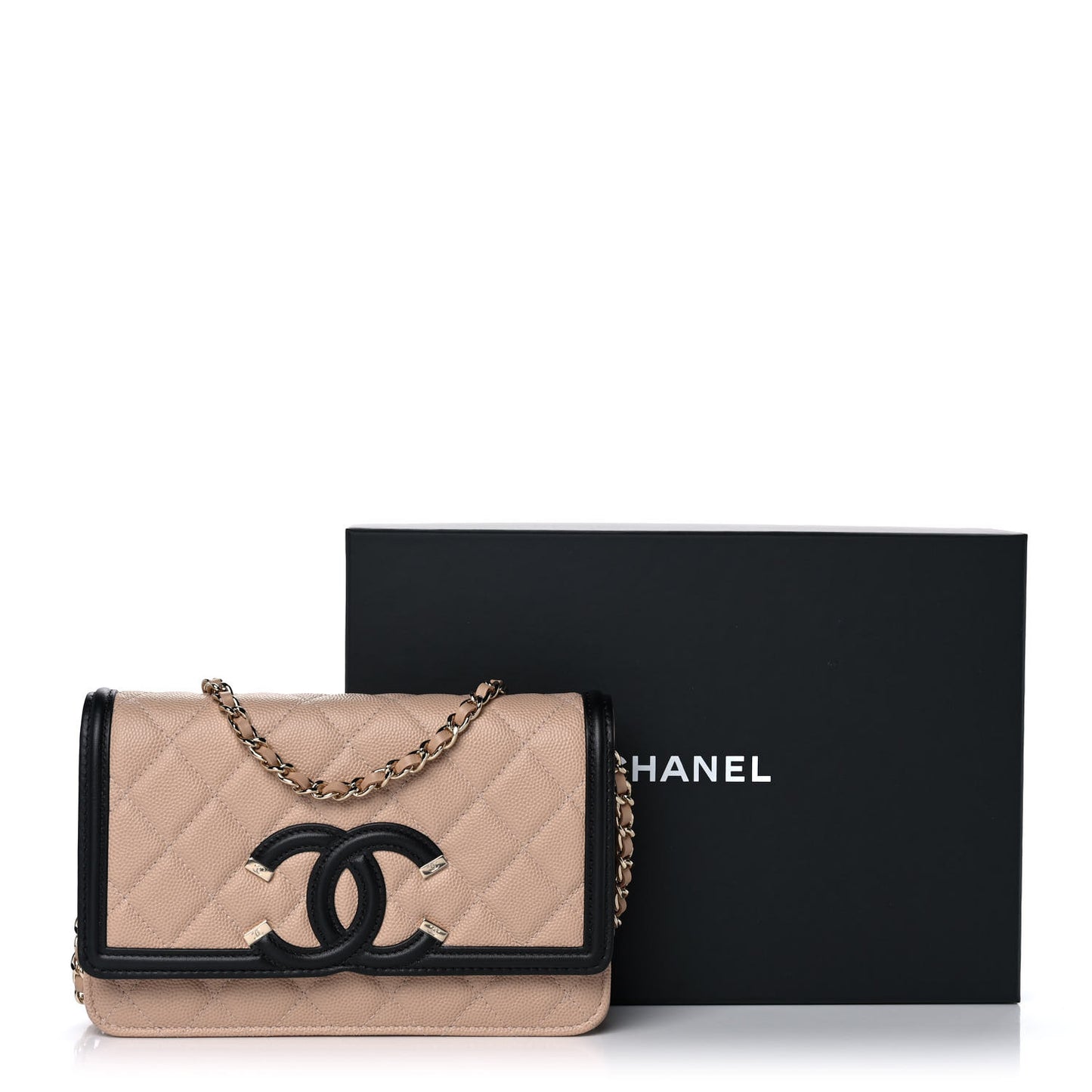 Caviar Quilted CC Filigree Wallet On Chain WOC Beige Black