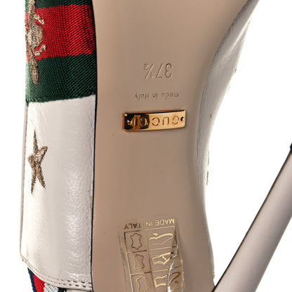 Gucci Malaga Kid Web Bee Star Embroidered Sylvie High Heel Slingback Pumps 37.5 White 6 of 10