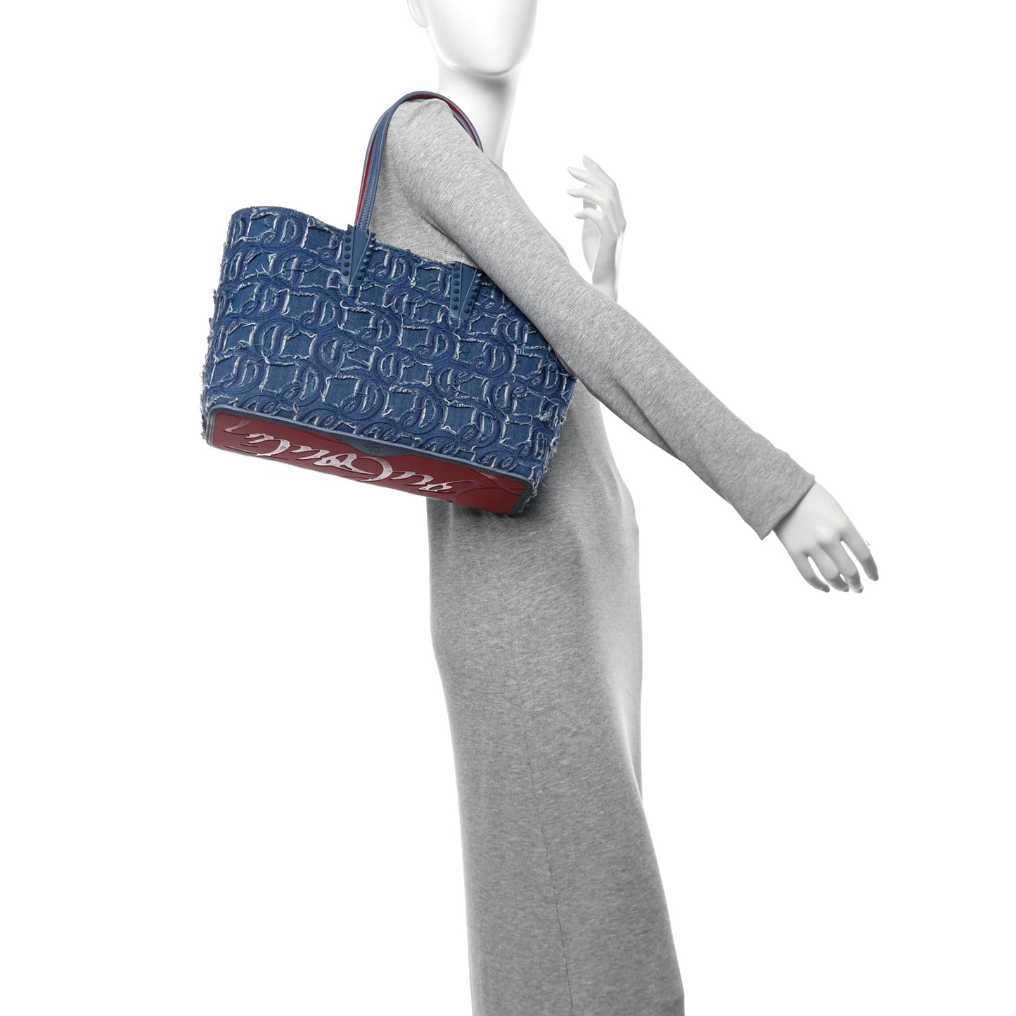 Denim Embroidered Spikes East West Cabata Tote Blue
