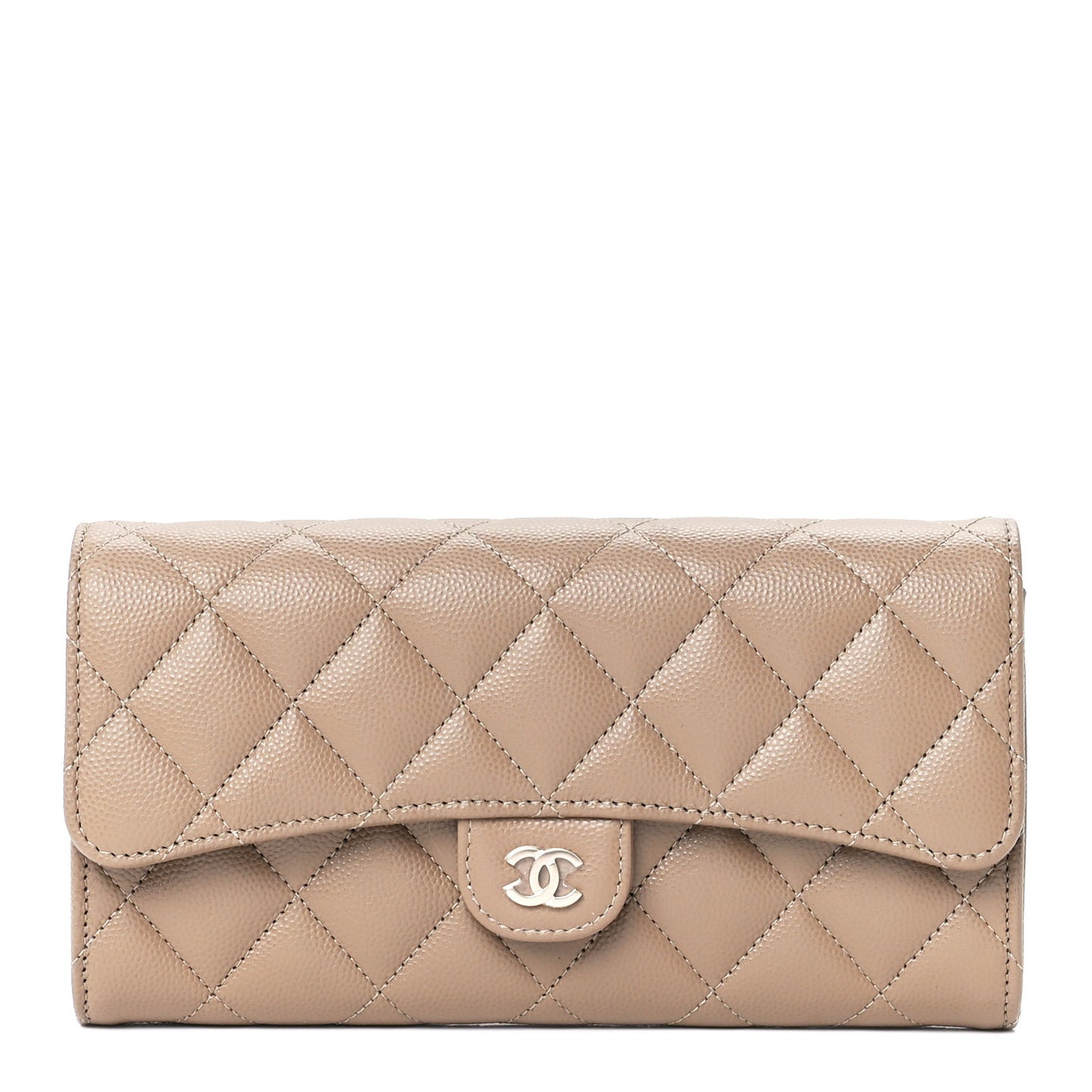 Caviar Quilted Large Gusset Flap Wallet Beige