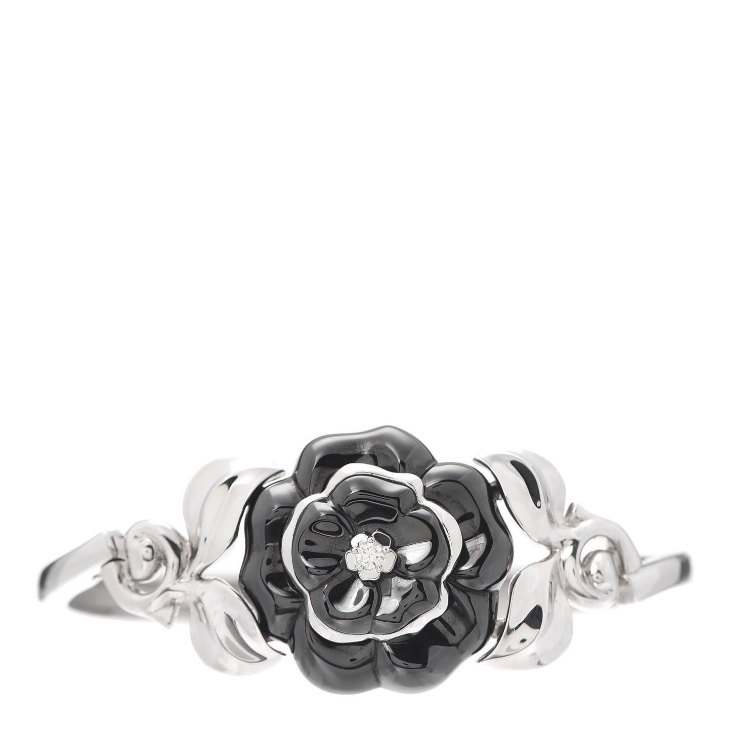 18K White Gold Black Ceramic Diamond Camelia Bangle Bracelet