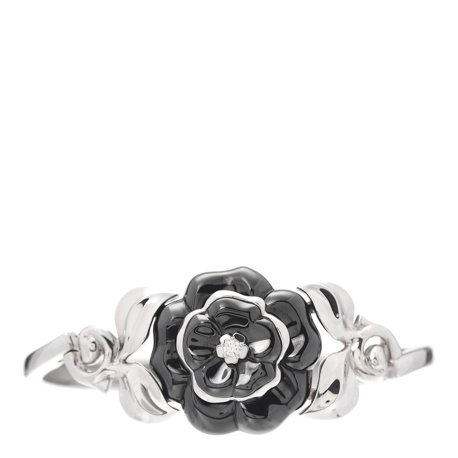 Chanel 18K White Gold Black Ceramic Diamond Camelia Bangle Bracelet 1 of 7