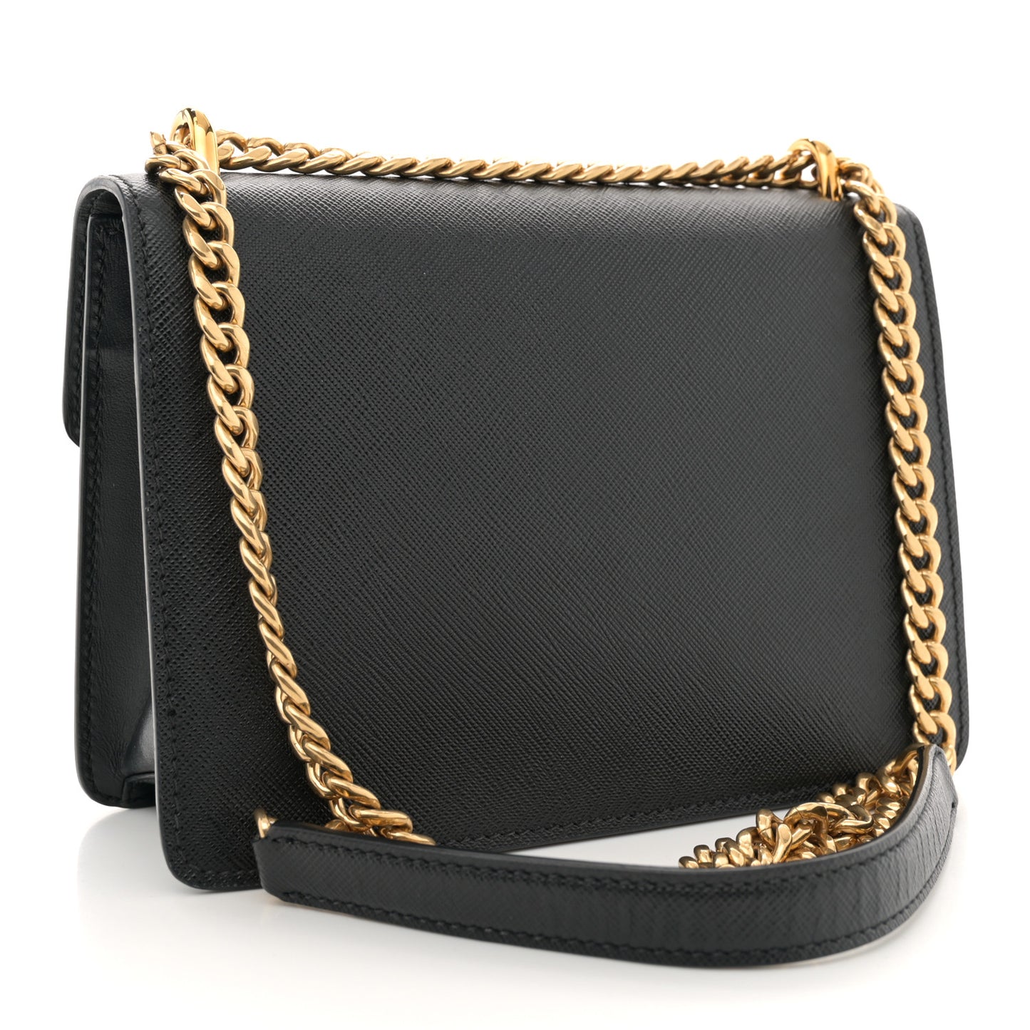 Saffiano Soft Calfskin Metal Triangle Logo Envelope Chain Shoulder Bag Black