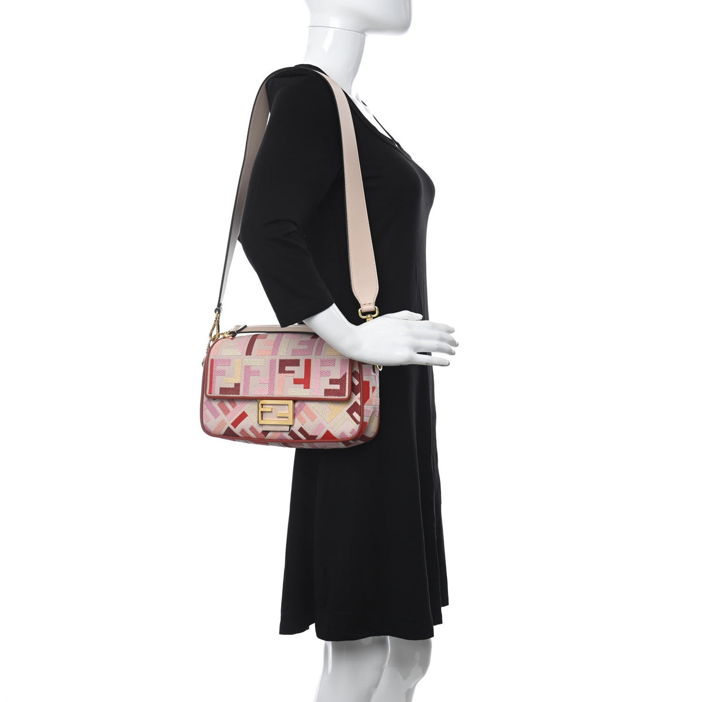 Canvas Vitello King FF Embroidered Baguette Rosa Quarzo Bloody Mary Multicolor