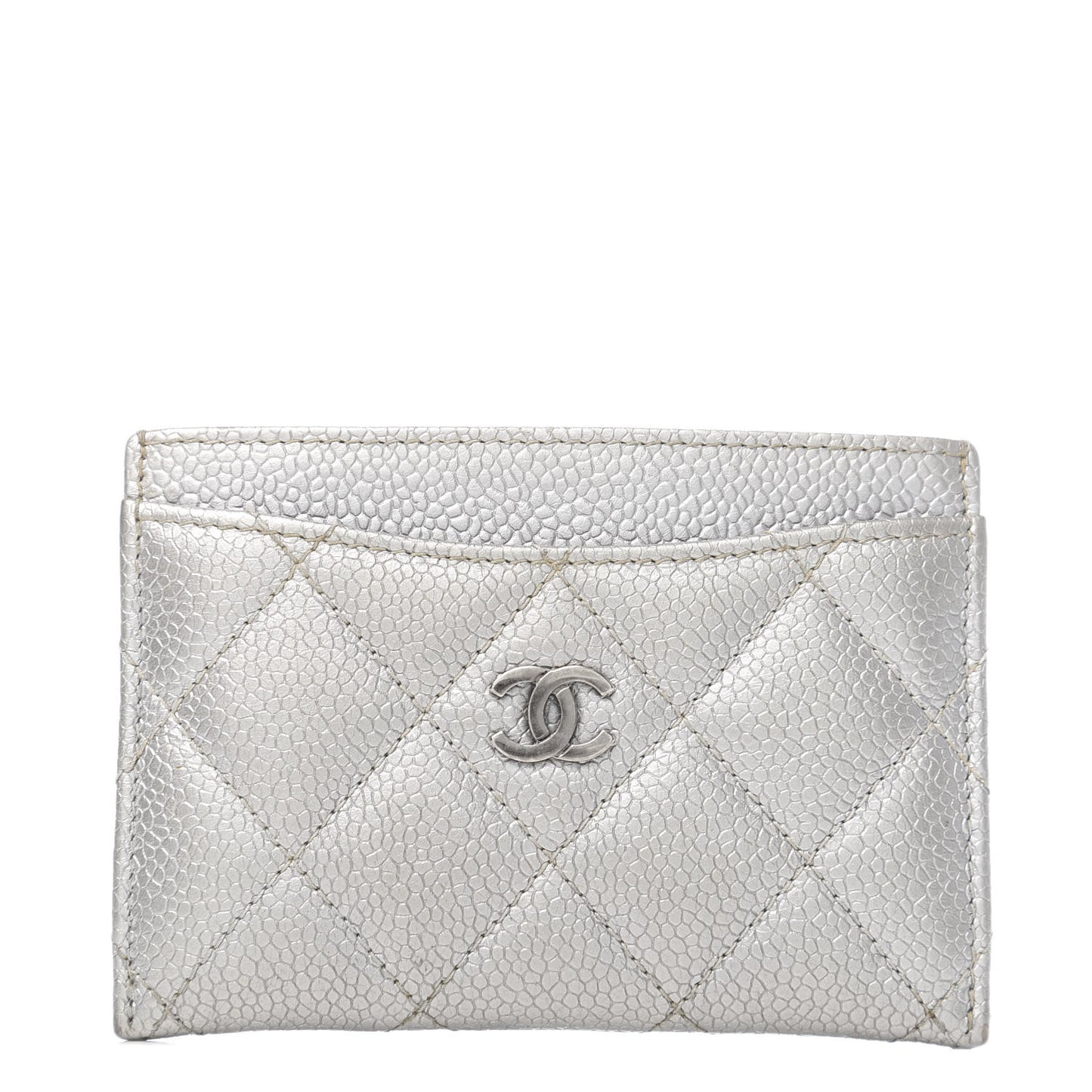 Metallic Caviar Quilted Card Holder Silver