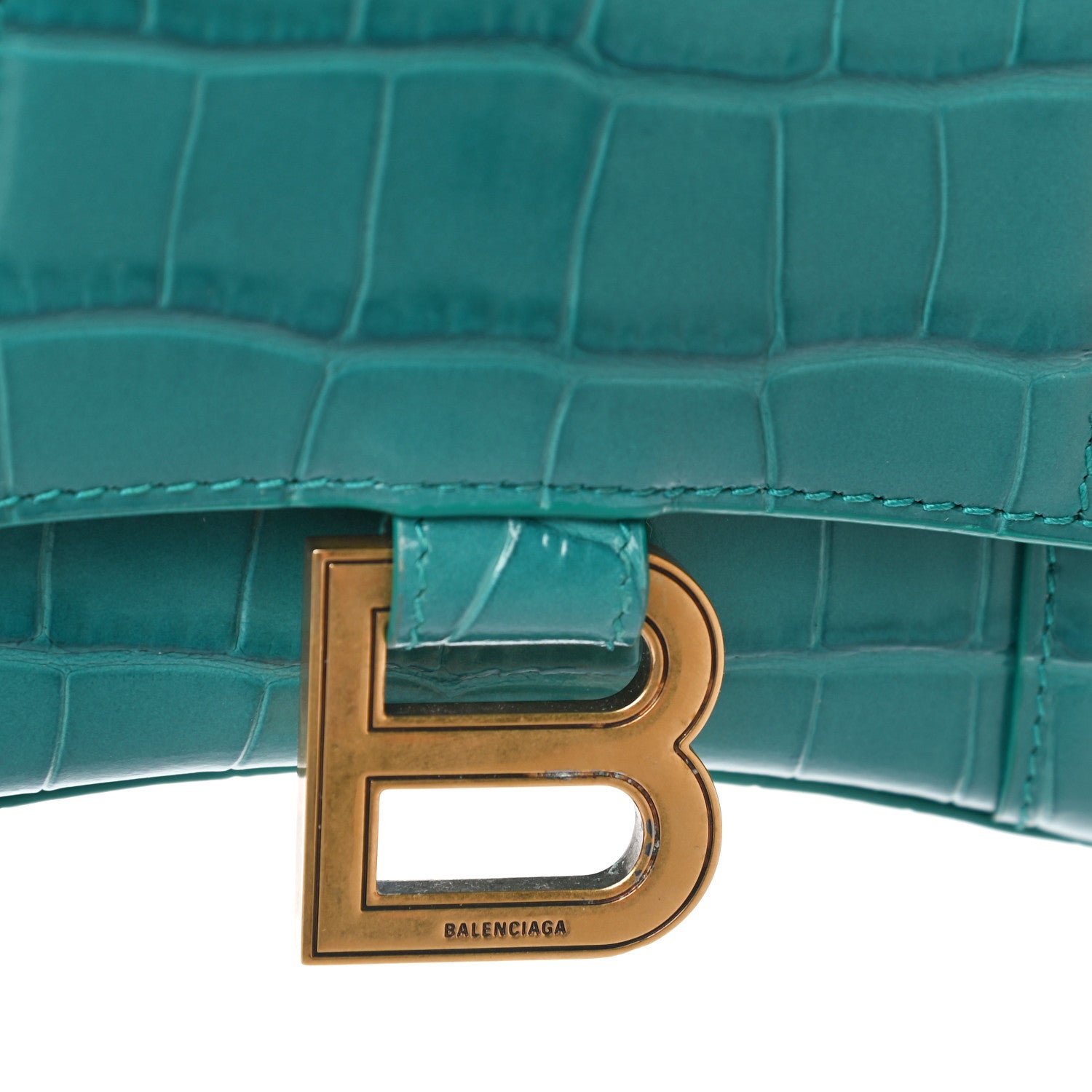 Balenciaga Shiny Calfskin Crocodile Embossed Hourglass Top Handle Bag XS Dark Turquoise 18 of 18