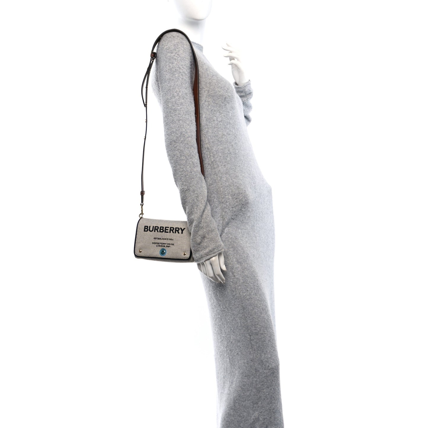 Cotton Canvas Horseferry Print Small Crossbody Bag Grey Tan