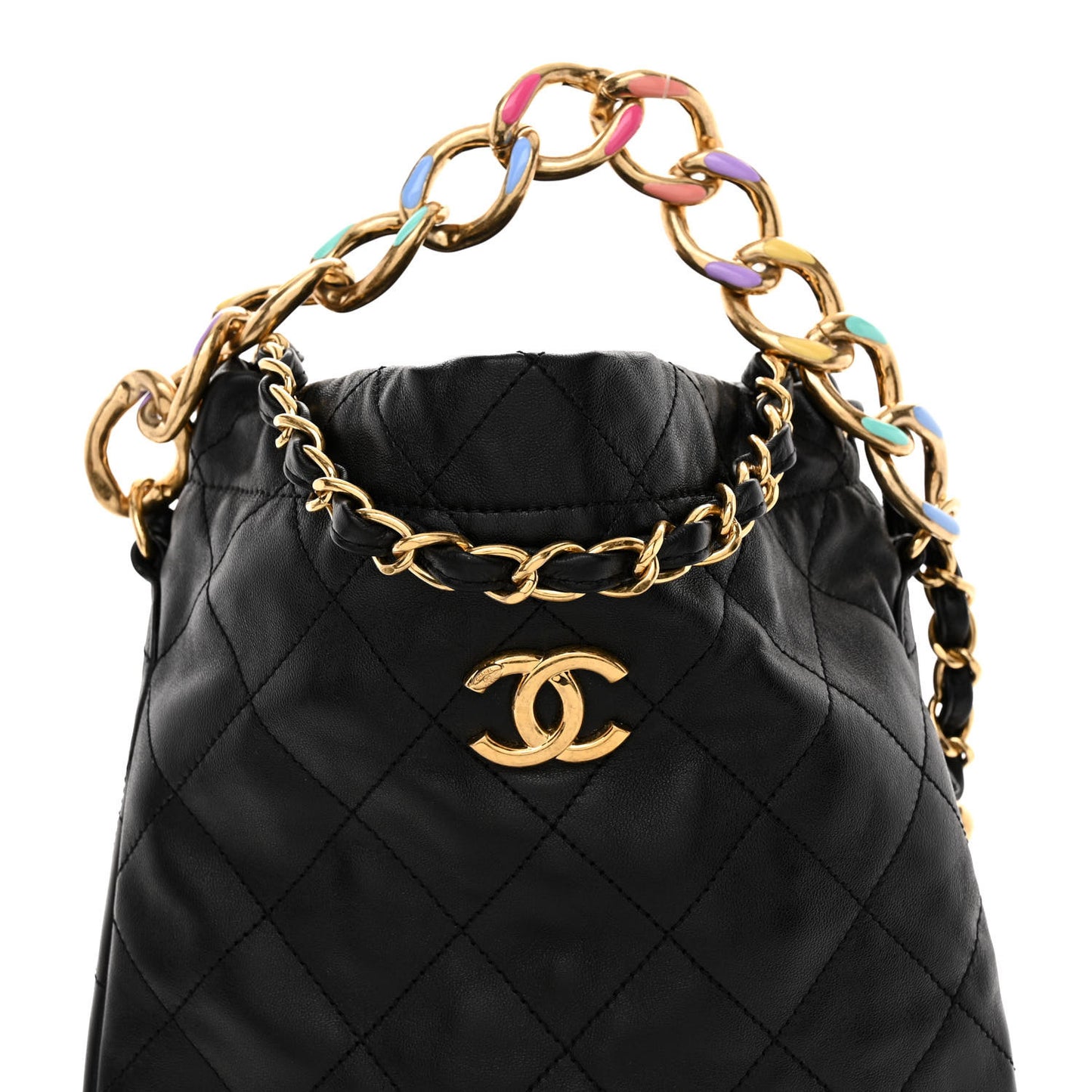 Lambskin Quilted Enamel Drawstring Bag Black Multicolor