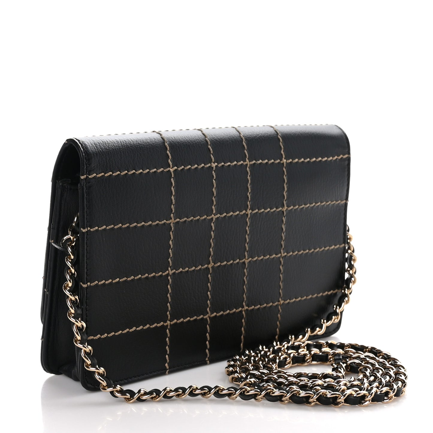 Calfskin Stitched Square Quilted Wallet On Chain WOC Black