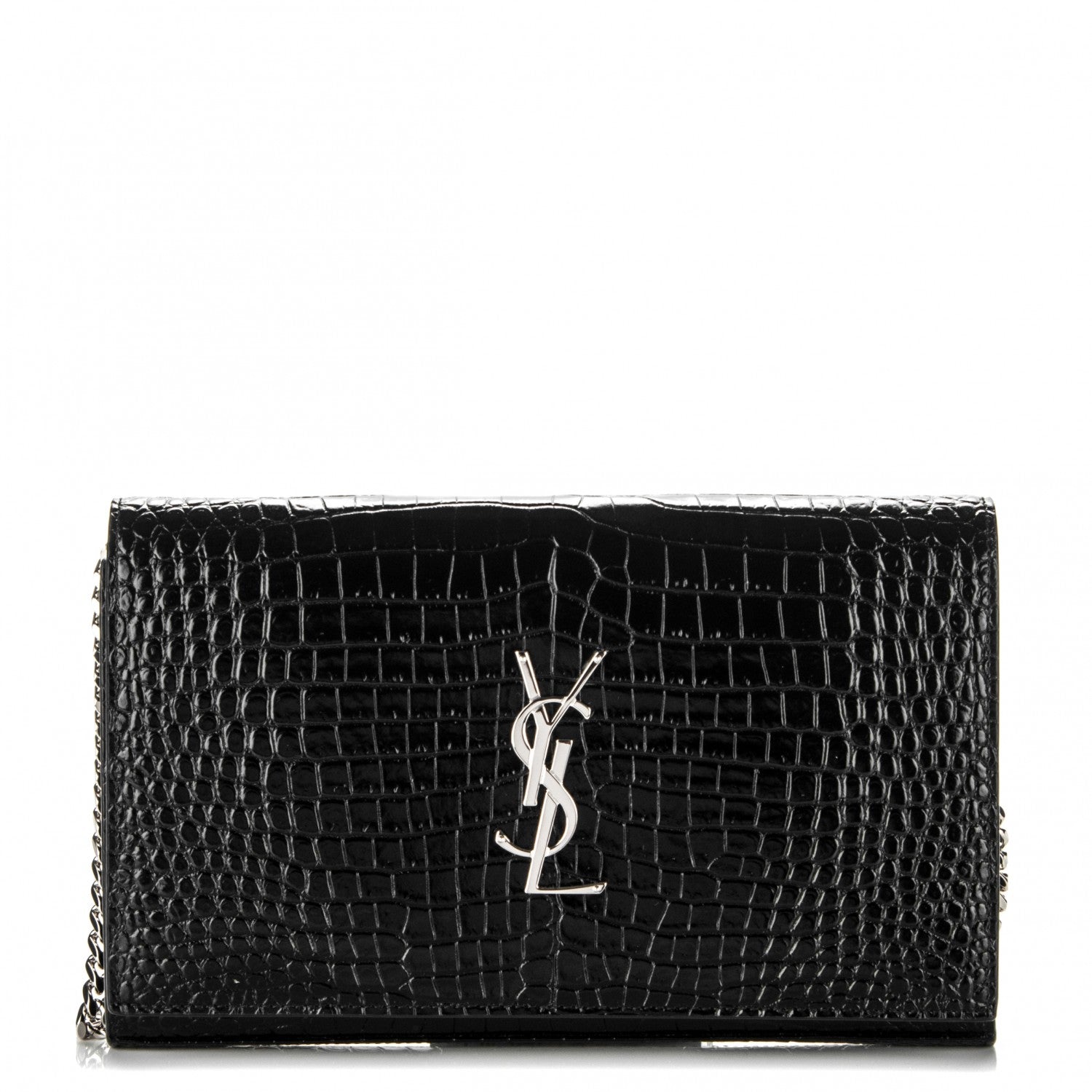 Saint Laurent Calfskin Crocodile Embossed Monogram Chain Wallet Nero Black 1 of 6