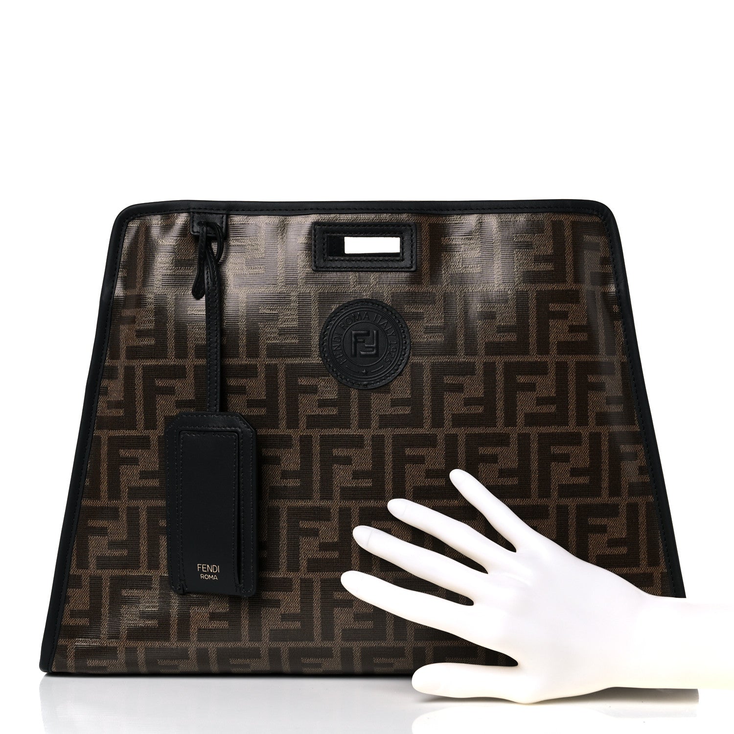 Fendi Glazed Fabric Vitello Century FF 1974 Stamp Patch Medium Peekaboo Defender Cover Mogano Panna Black 2 of 12