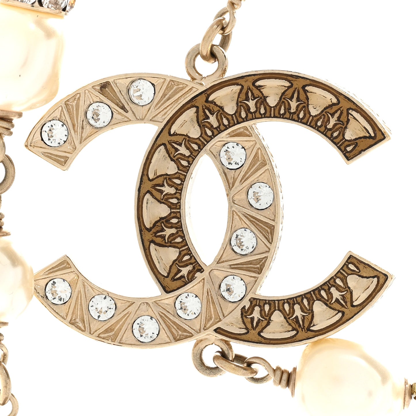Pearl Beaded Crystal CC Long Necklace Gold Multi