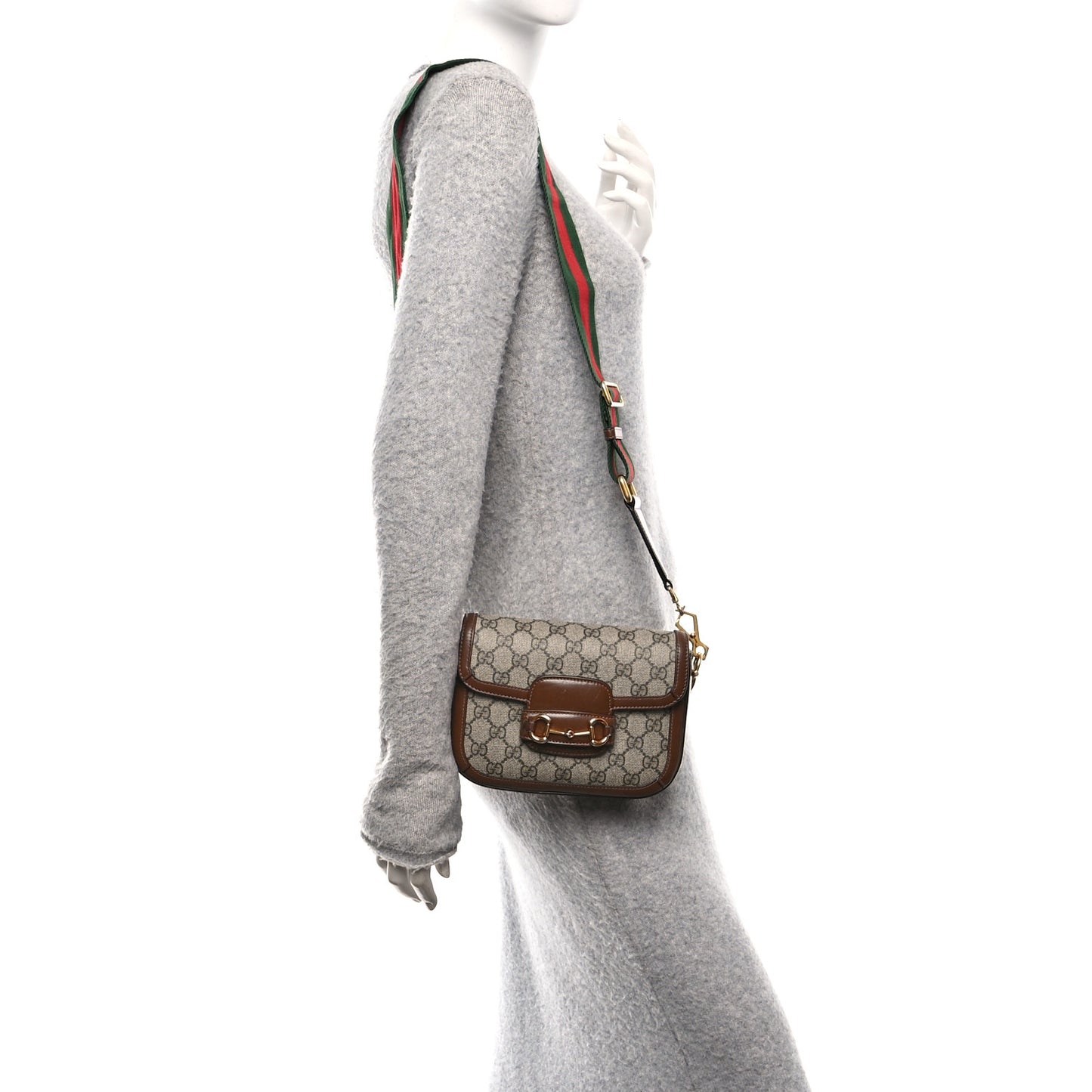 GG Supreme Monogram Web Mini Horsebit 1955 Shoulder Bag Beige Brown Sugar