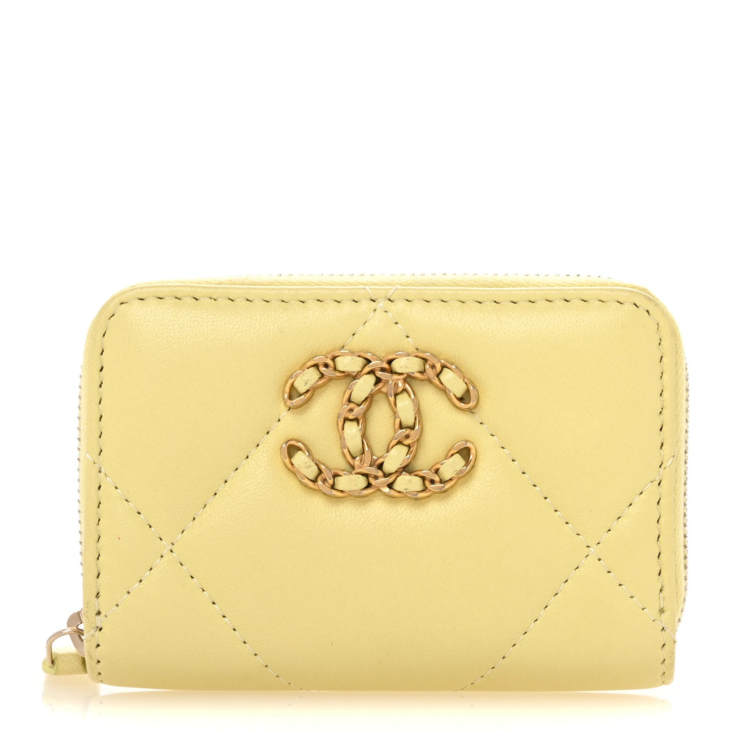 Lambskin Quilted Chanel 19 Zip Around Coin Purse Wallet Yellow