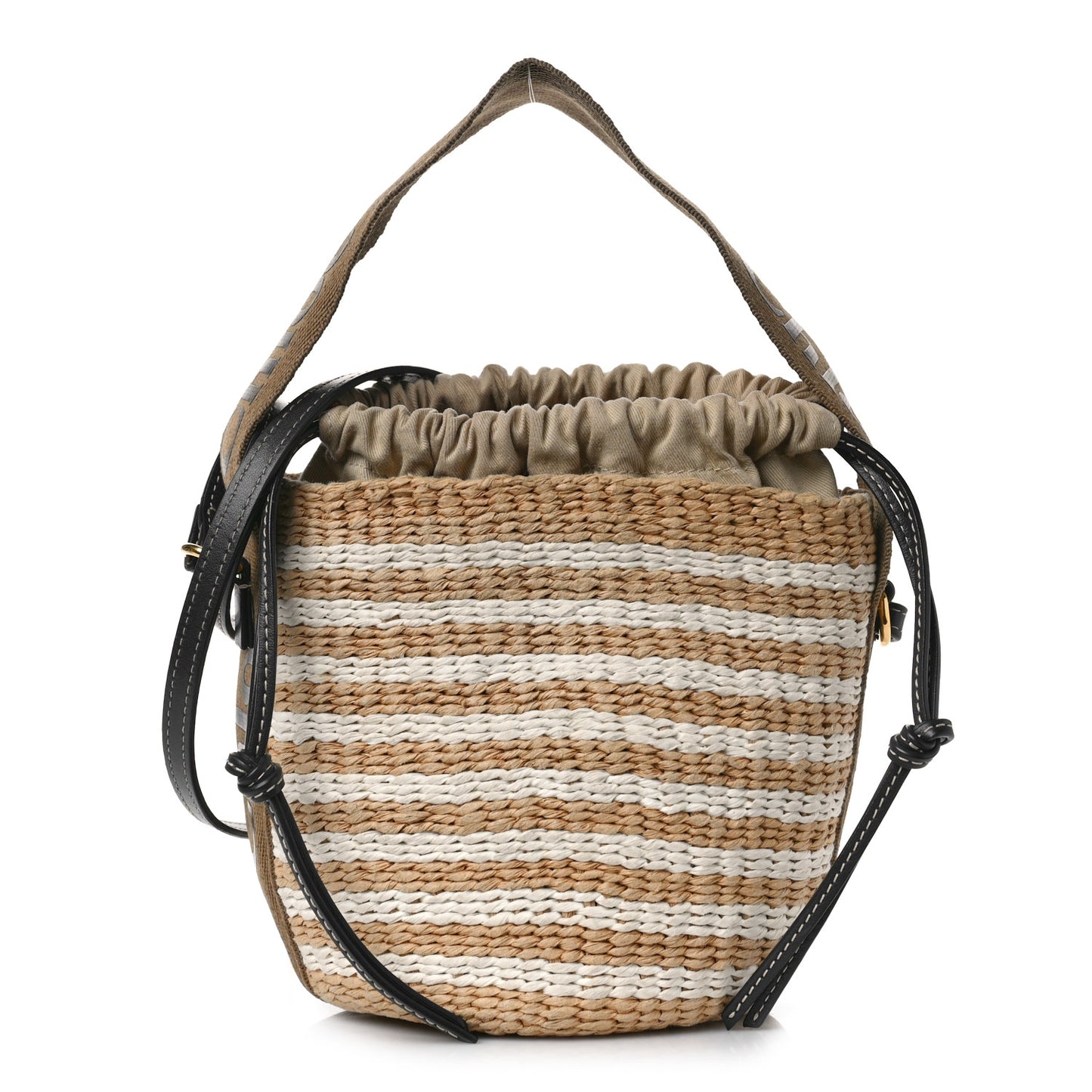 Raffia Calfskin Small Woody Striped Basket Bag Grove Brown