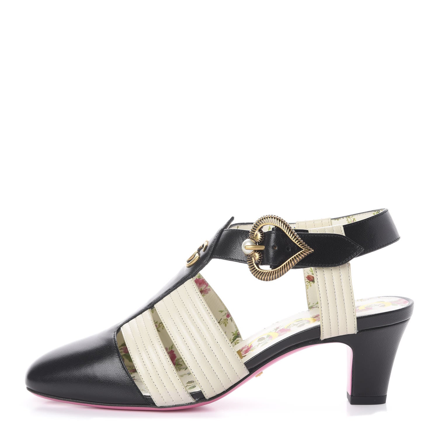 Gucci Malaga Kid T-Strap Mid Heel Sandals 36 Black White 1 of 14