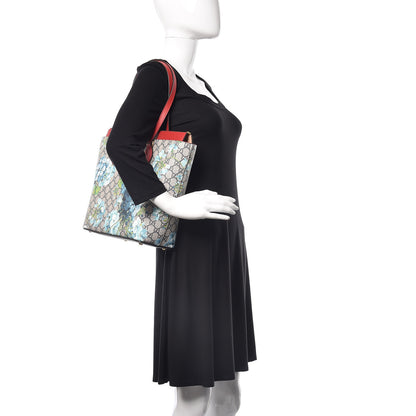Gucci GG Supreme Monogram Blooms Medium Zippered Bucket Tote Beige Blue Navy Hibiscus Red 2 of 10