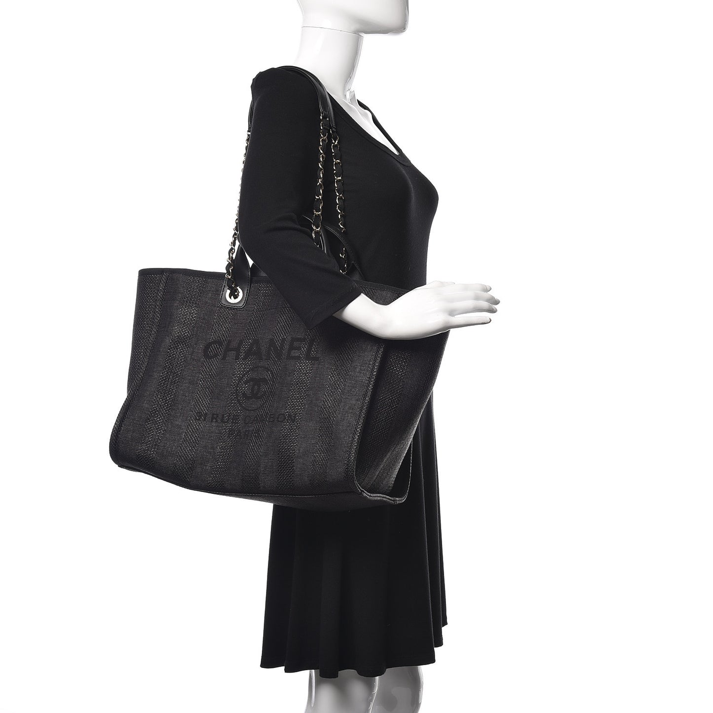 Woven Straw Raffia Striped Large Deauville Tote Black