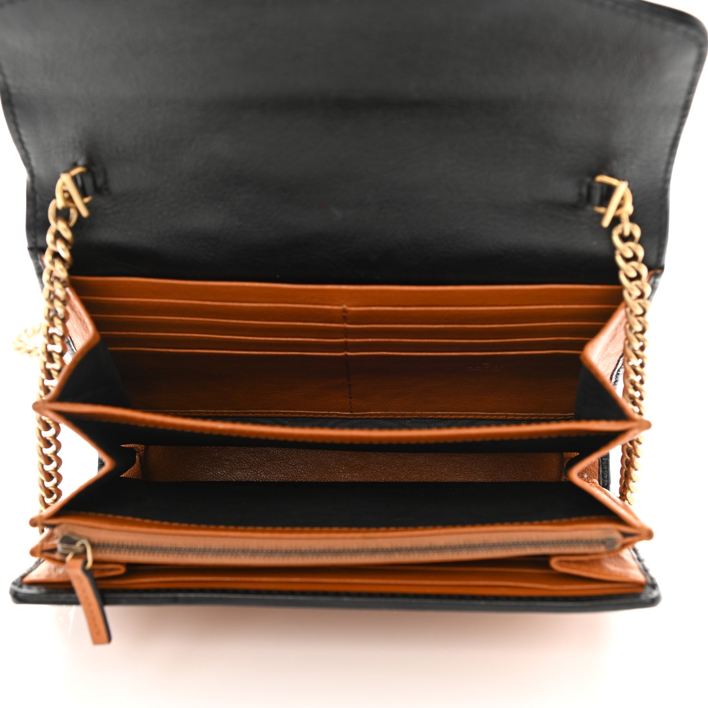 Vintage Effect Calfskin Matelasse Diagonal Torchon GG Marmont Chain Wallet Cognac
