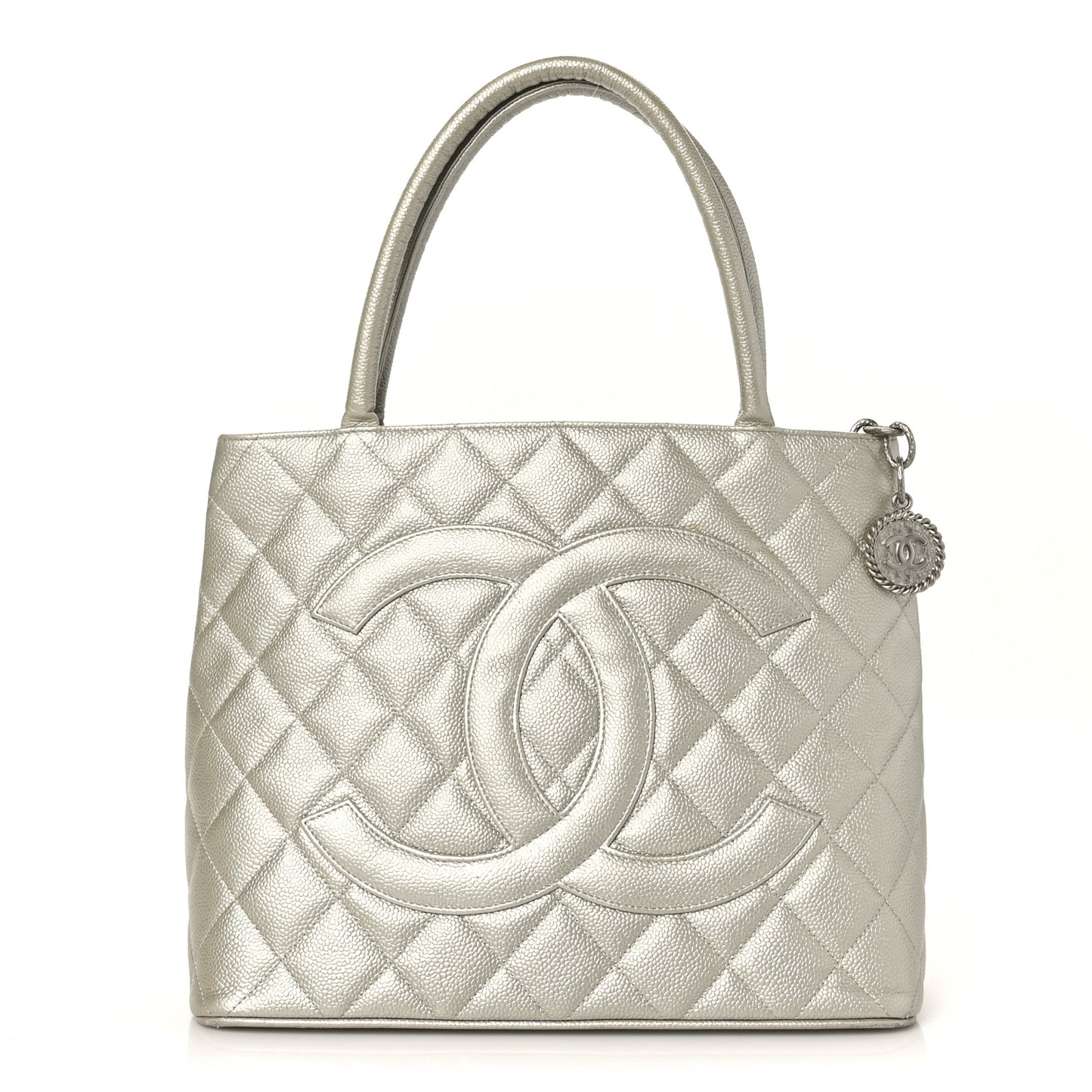 Metallic Caviar Quilted Medallion Tote Silver