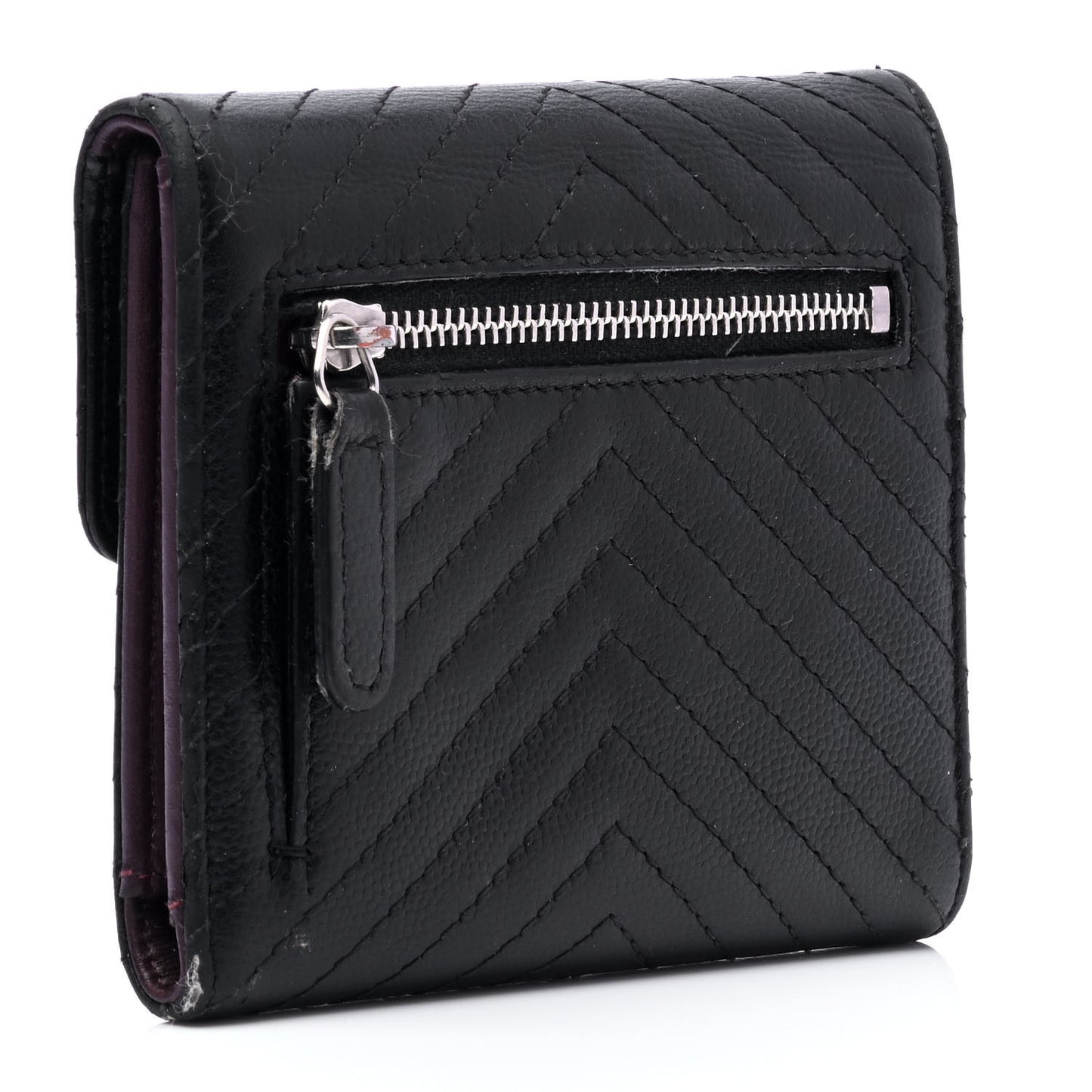 Caviar Chevron Quilted Compact Flap Wallet Black