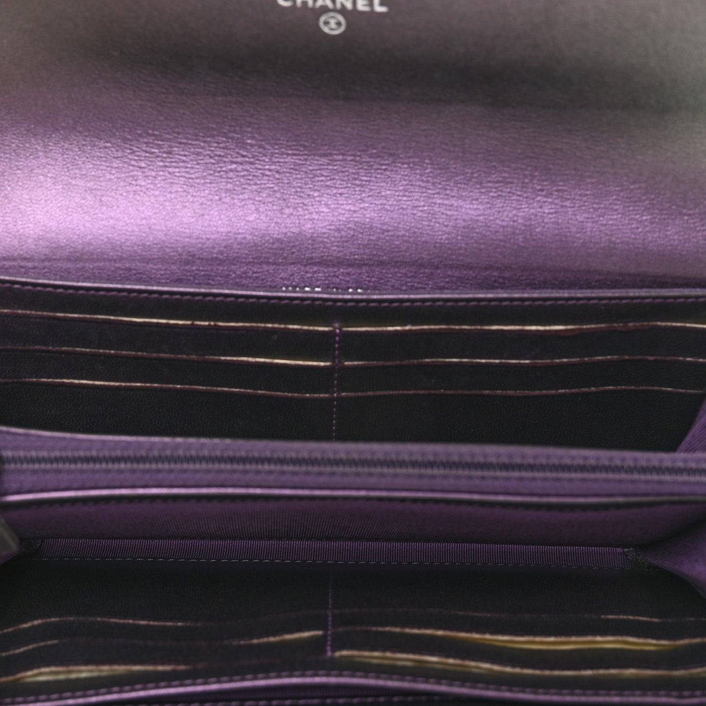Iridescent Lambskin Quilted Large Gusset Flap Wallet Purple