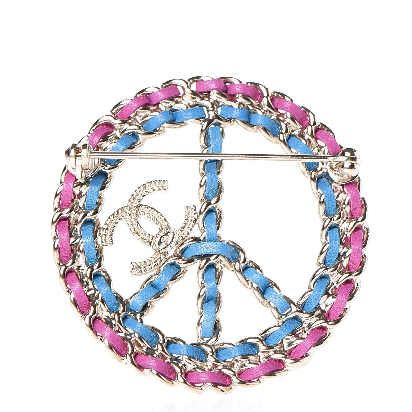 Metal Calfskin Chain Peace Sign CC Brooch Blue Purple Gold