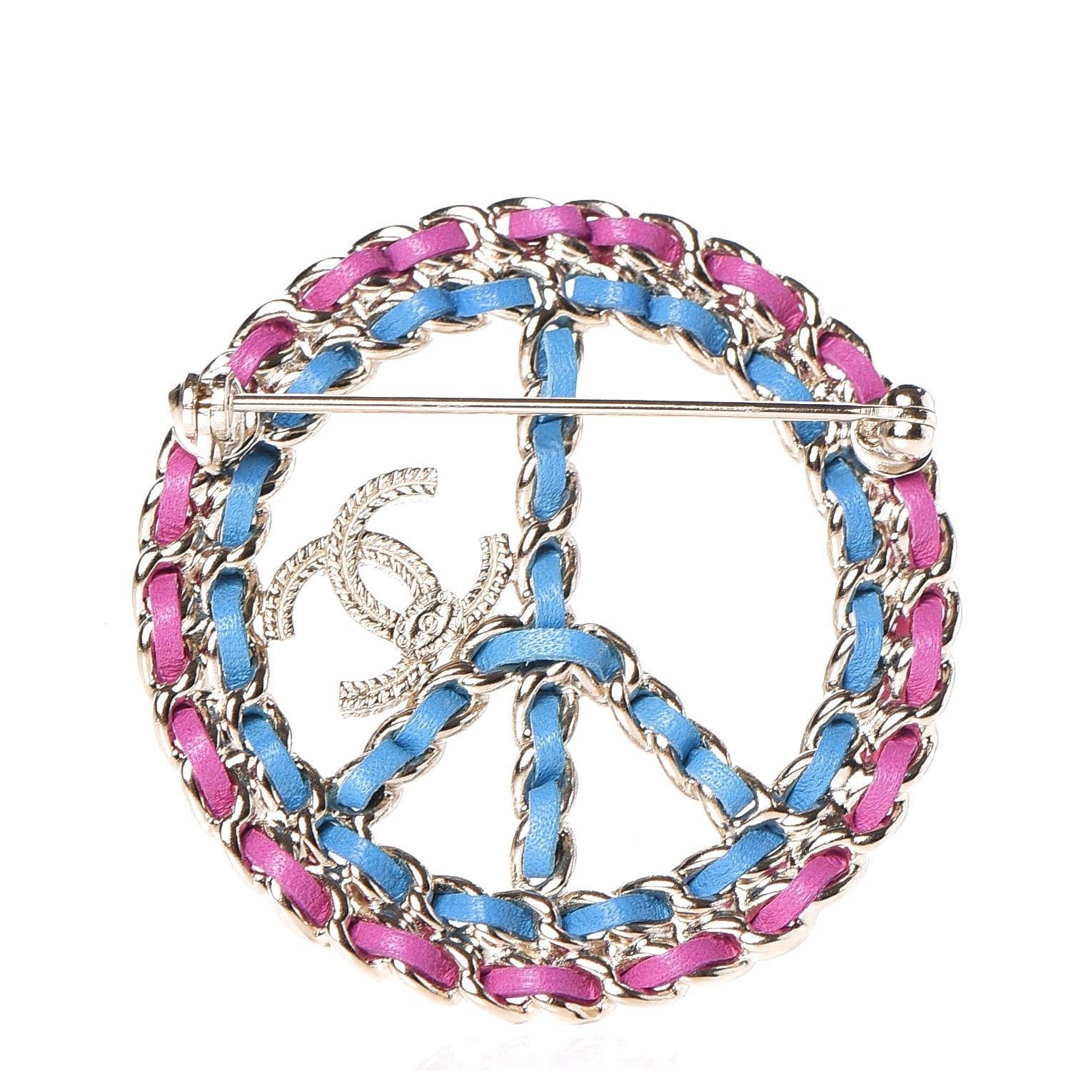 Chanel Metal Calfskin Chain Peace Sign CC Brooch Blue Purple Gold 3 of 5