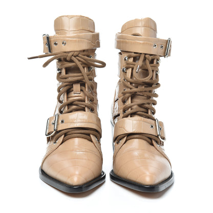 Chloe Calfskin Crocodile Embossed Rylee Boots 38 Nougat 2 of 7