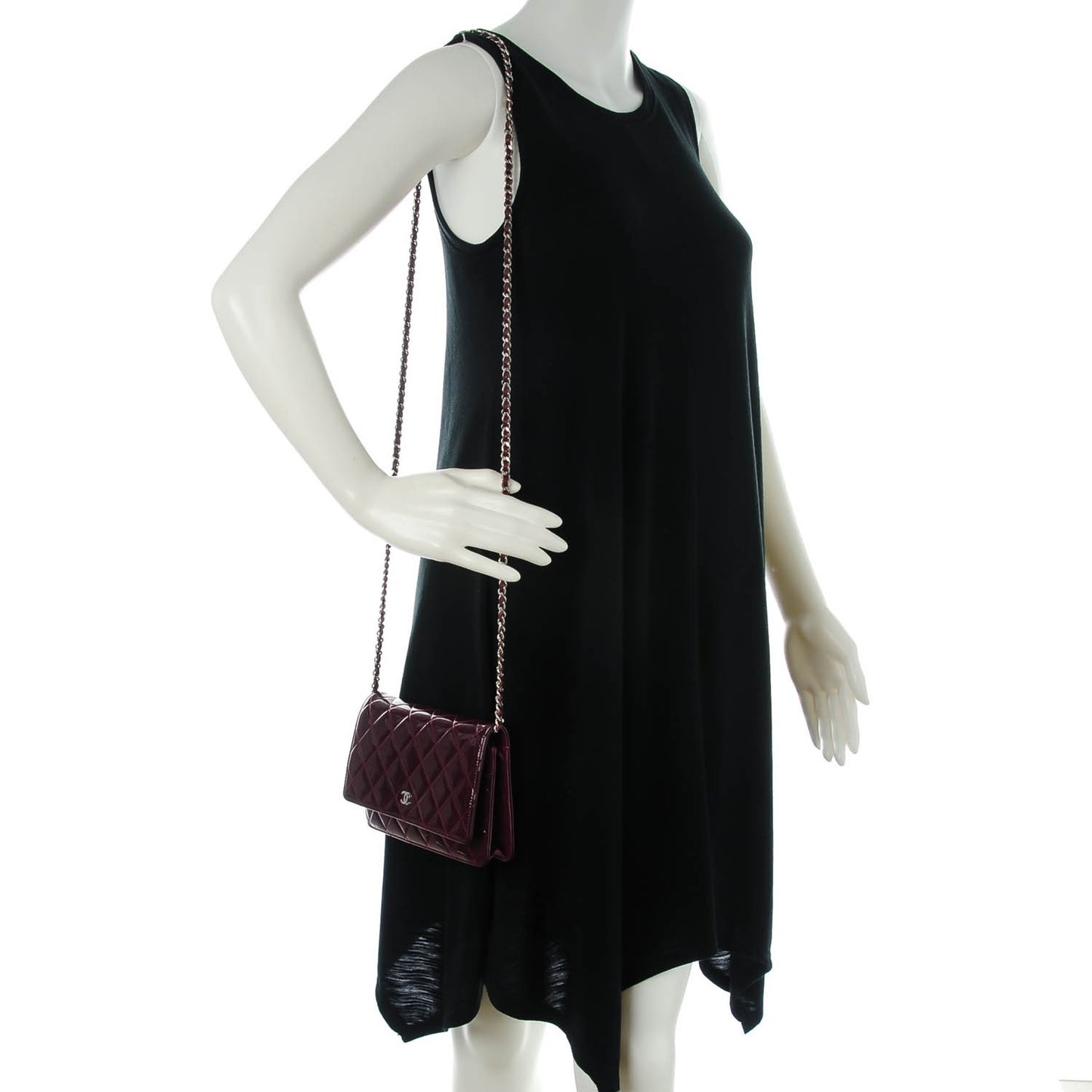 Patent Quilted Wallet On Chain WOC in Dark Red