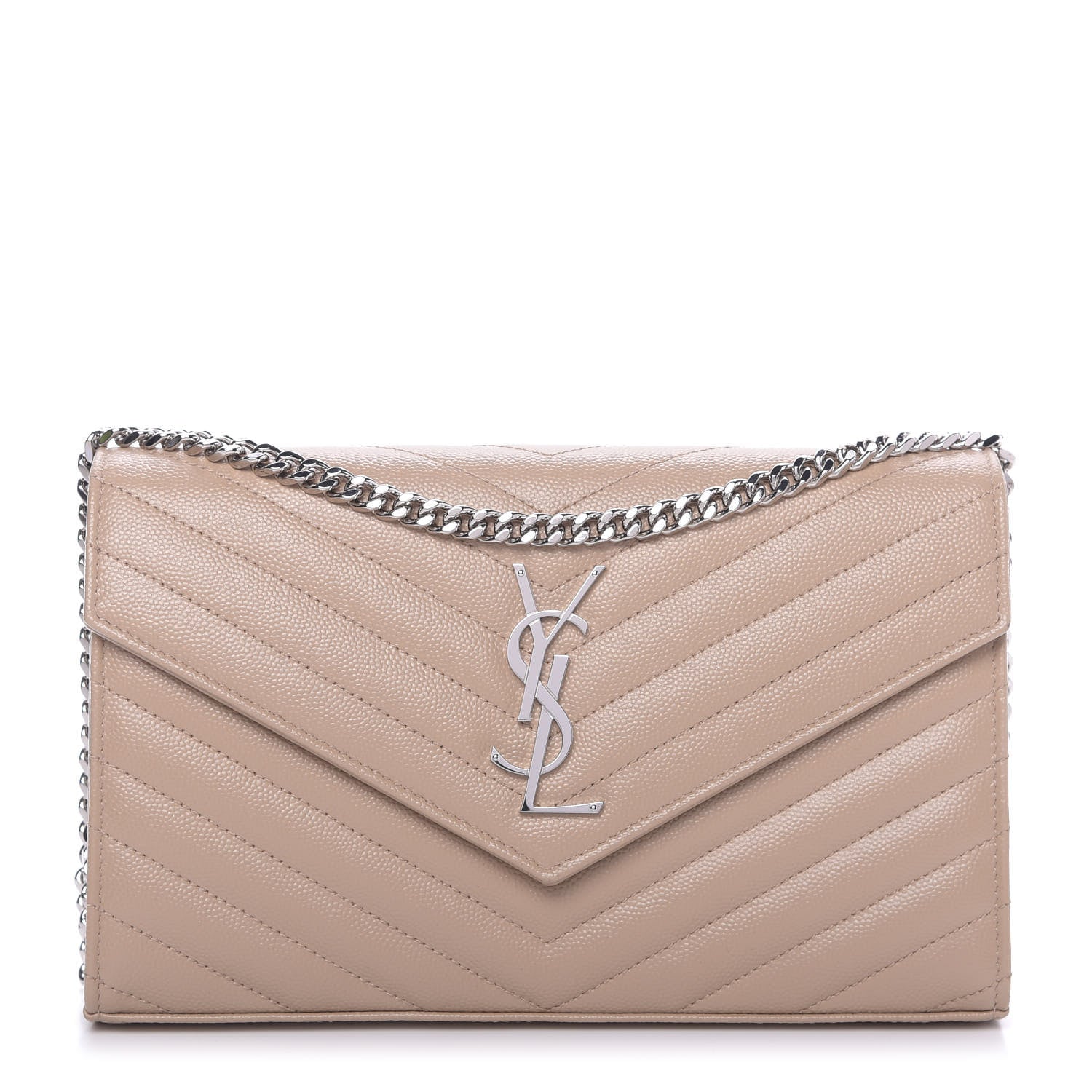 Saint Laurent Grain De Poudre Matelasse Chevron Monogram Chain Wallet Dark Beige 1 of 9