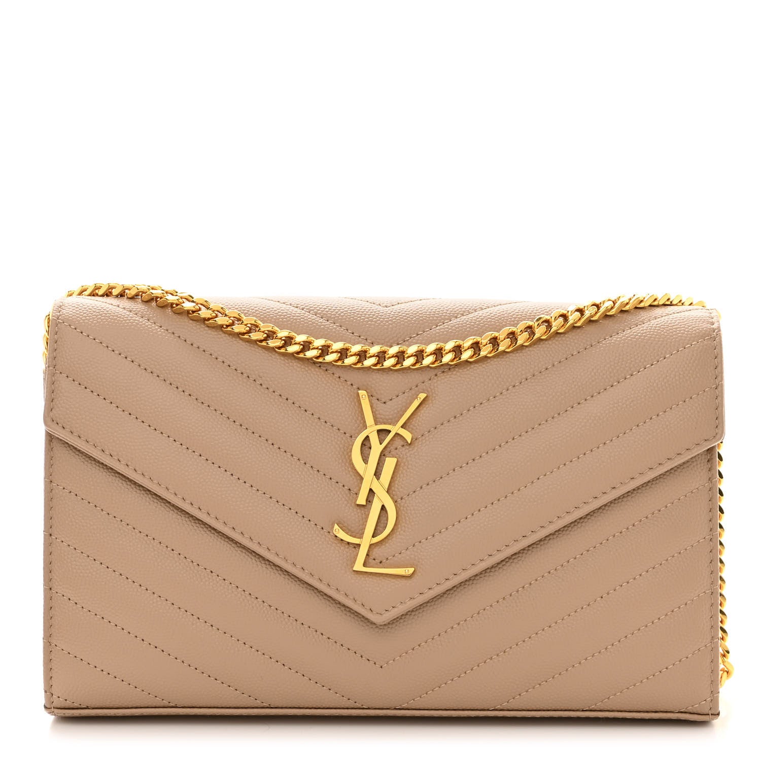 Saint Laurent Grain De Poudre Matelasse Chevron Monogram Chain Wallet Dark Beige 1 of 9