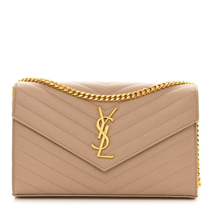 Saint Laurent Grain De Poudre Matelasse Chevron Monogram Chain Wallet Dark Beige 1 of 9