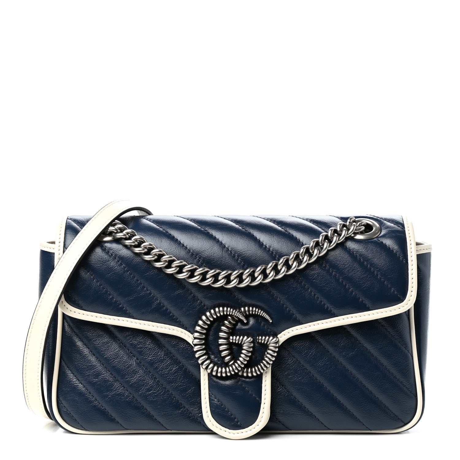 Gucci Vintage Effect Calfskin Matelasse Diagonal Small Torchon GG Marmont Shoulder Bag Blue Agata Mystic White 1 of 10