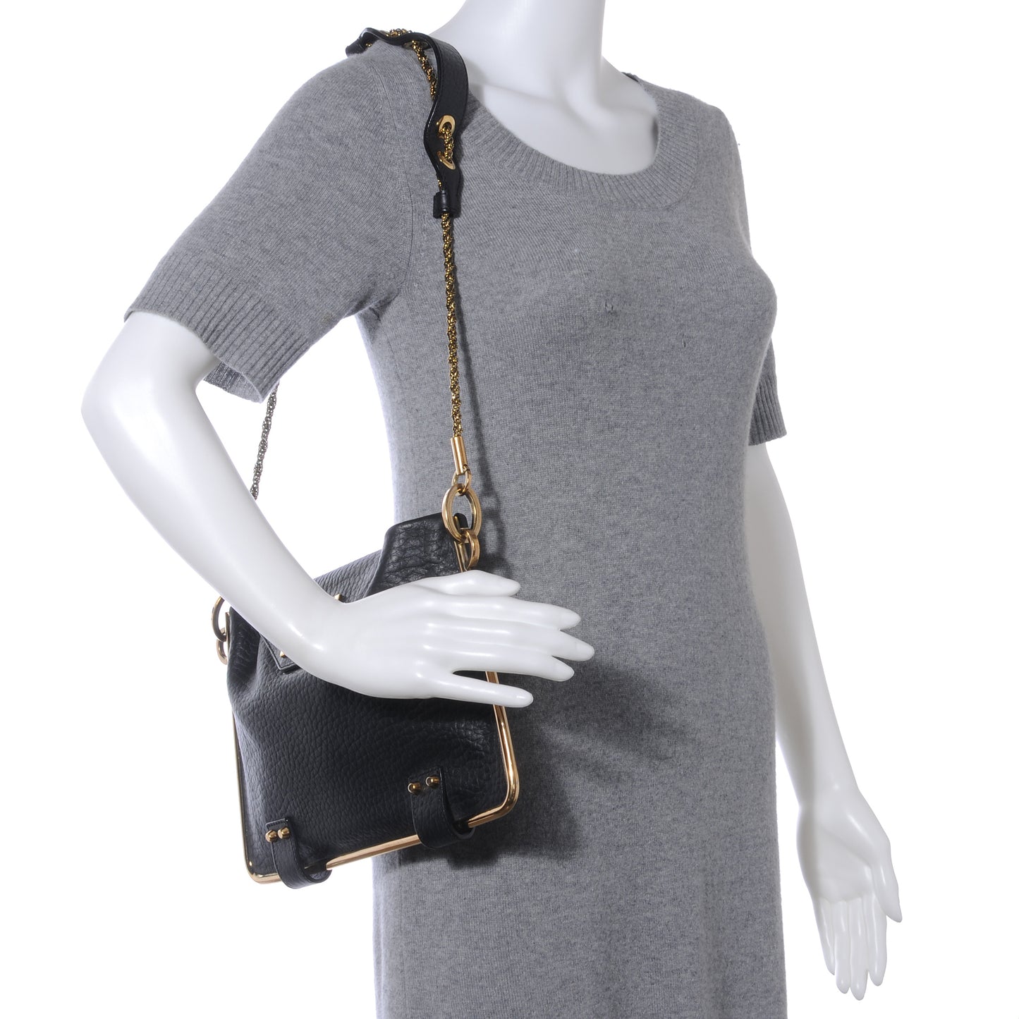 Grained Calfskin Sally Shoulder Clutch Bag Black