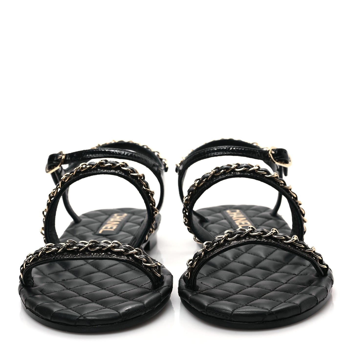Crumpled Calfskin Chain Sandals 35.5 Black