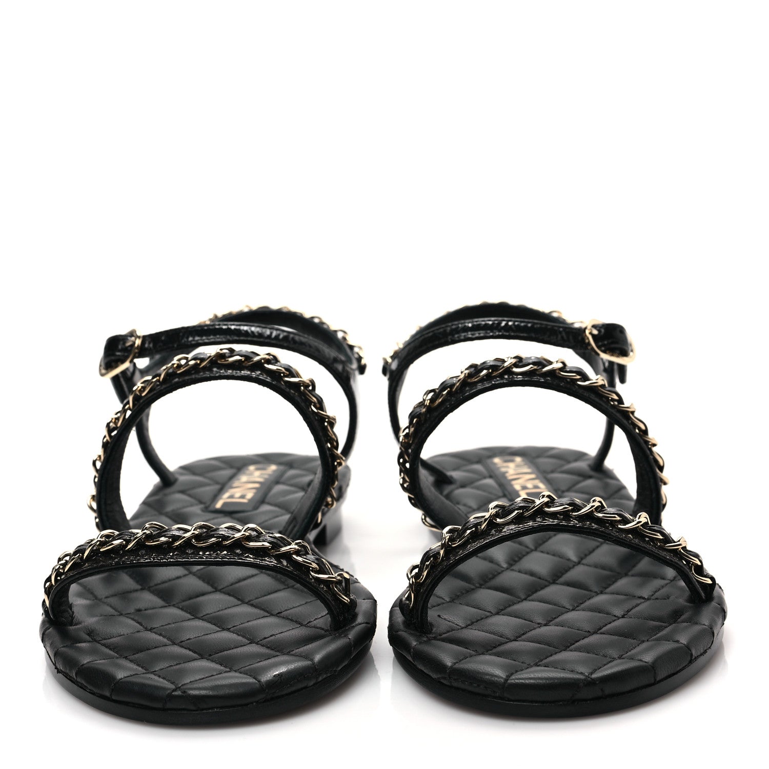 Chanel Crumpled Calfskin Chain Sandals 35.5 Black 2 of 8