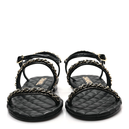 Chanel Crumpled Calfskin Chain Sandals 35.5 Black 2 of 8