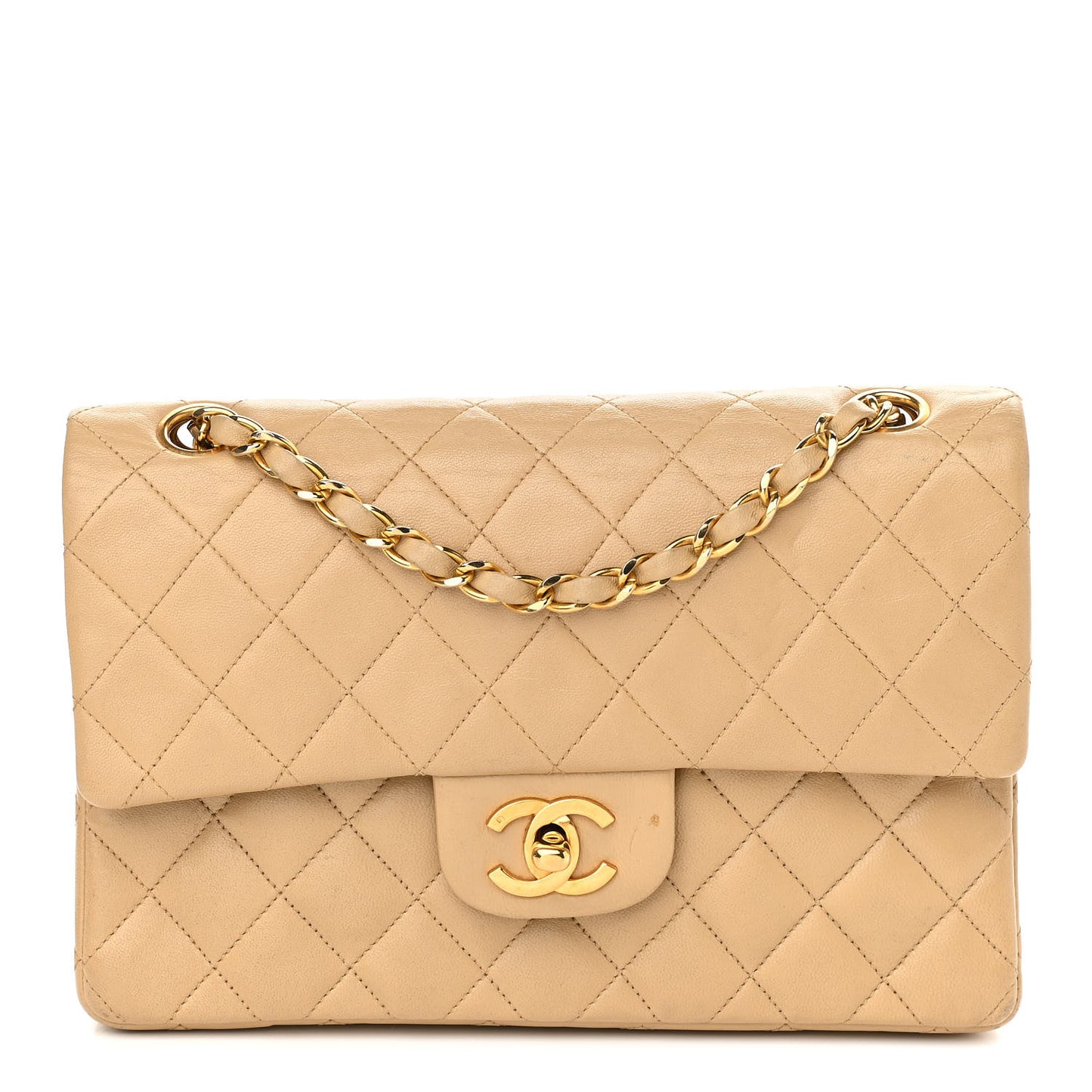 Lambskin Quilted Small Double Flap Beige