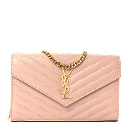 Saint Laurent Grain De Poudre Matelasse Chevron Monogram Chain Wallet Pale Pink 1 of 12