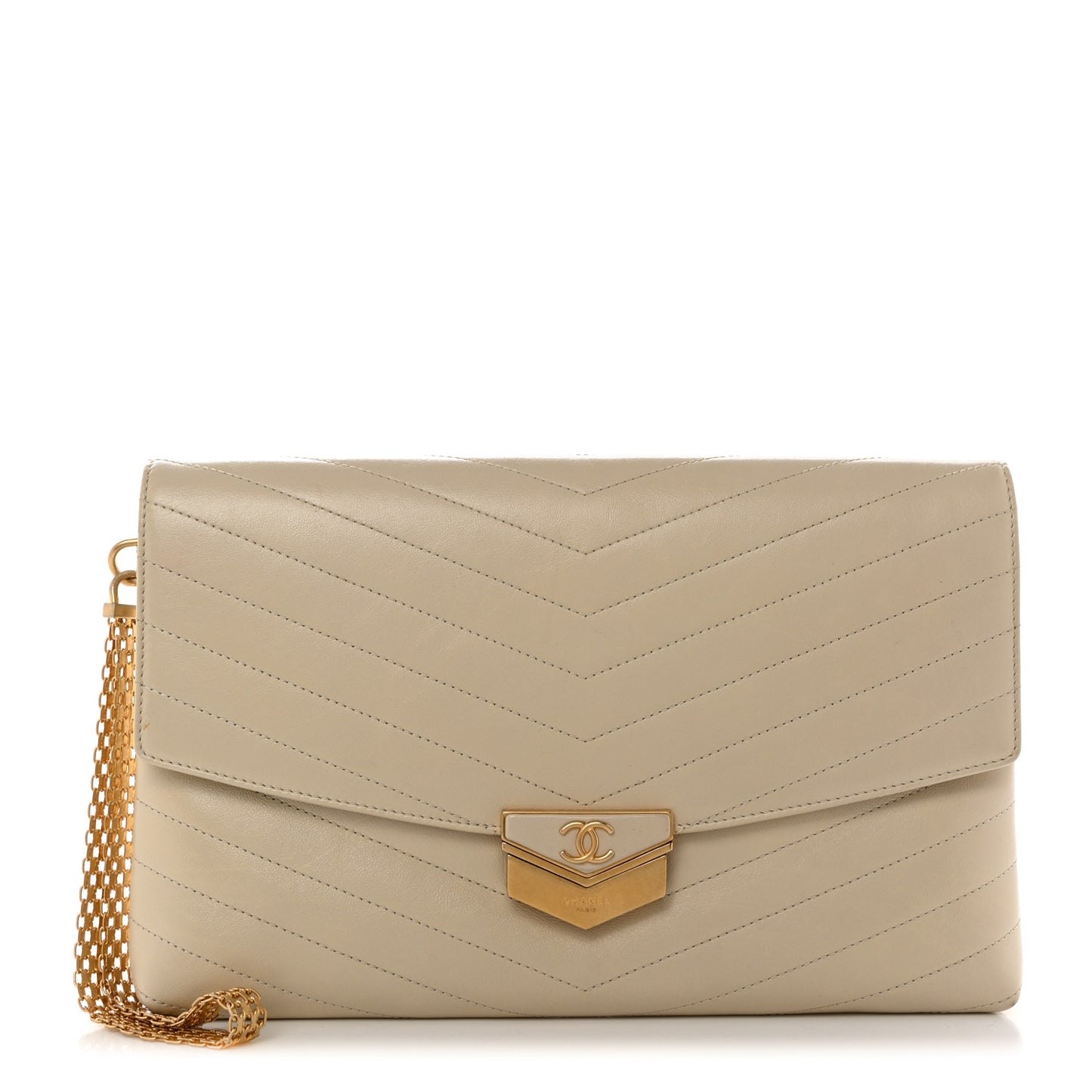Calfskin Chevron Quilted Medal Flap Beige