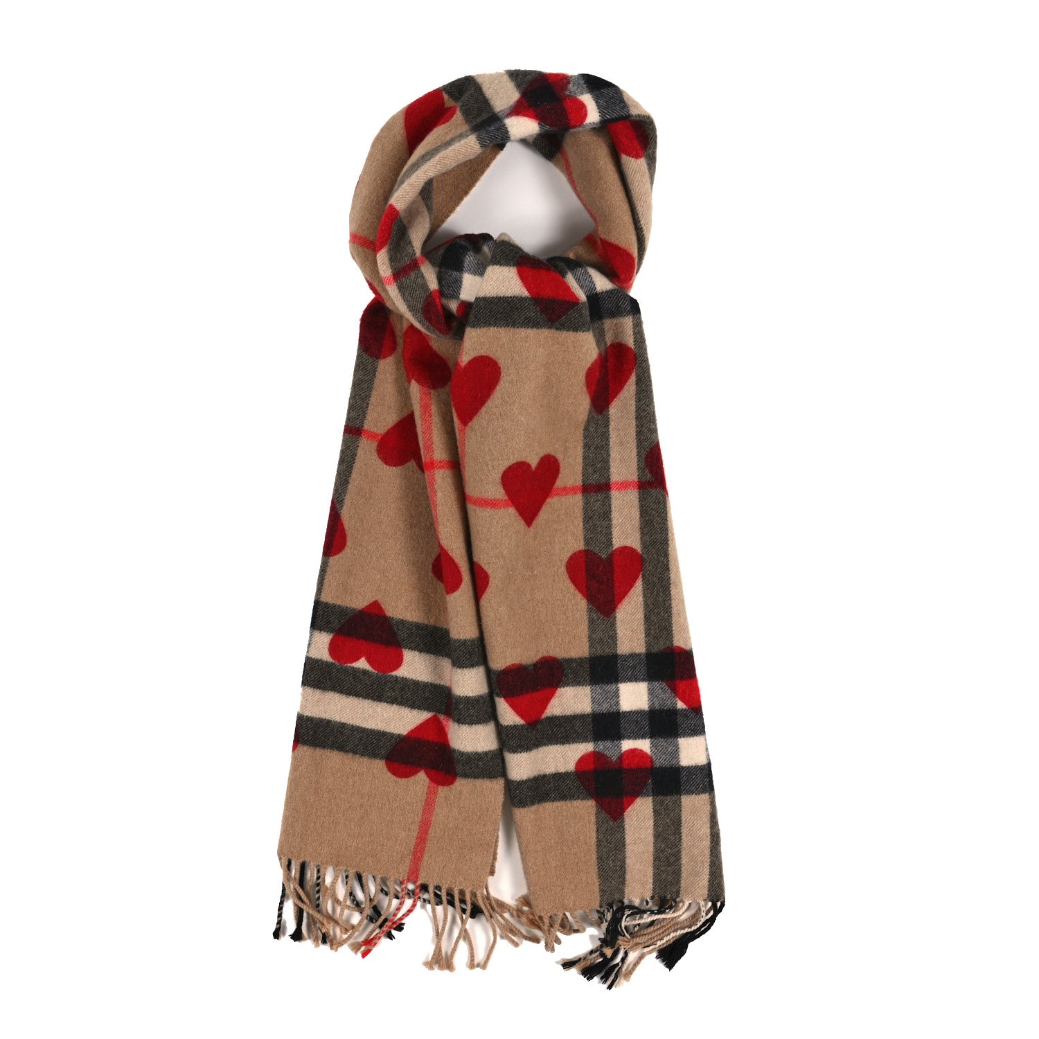 Burberry Cashmere Giant Heart Fringe Scarf Camel 1 of 3