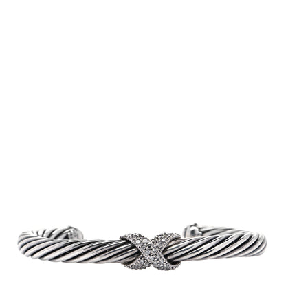 David Yurman Sterling Silver 18K White Gold Diamond Pave 7mm X Cable Bracelet 1 of 5