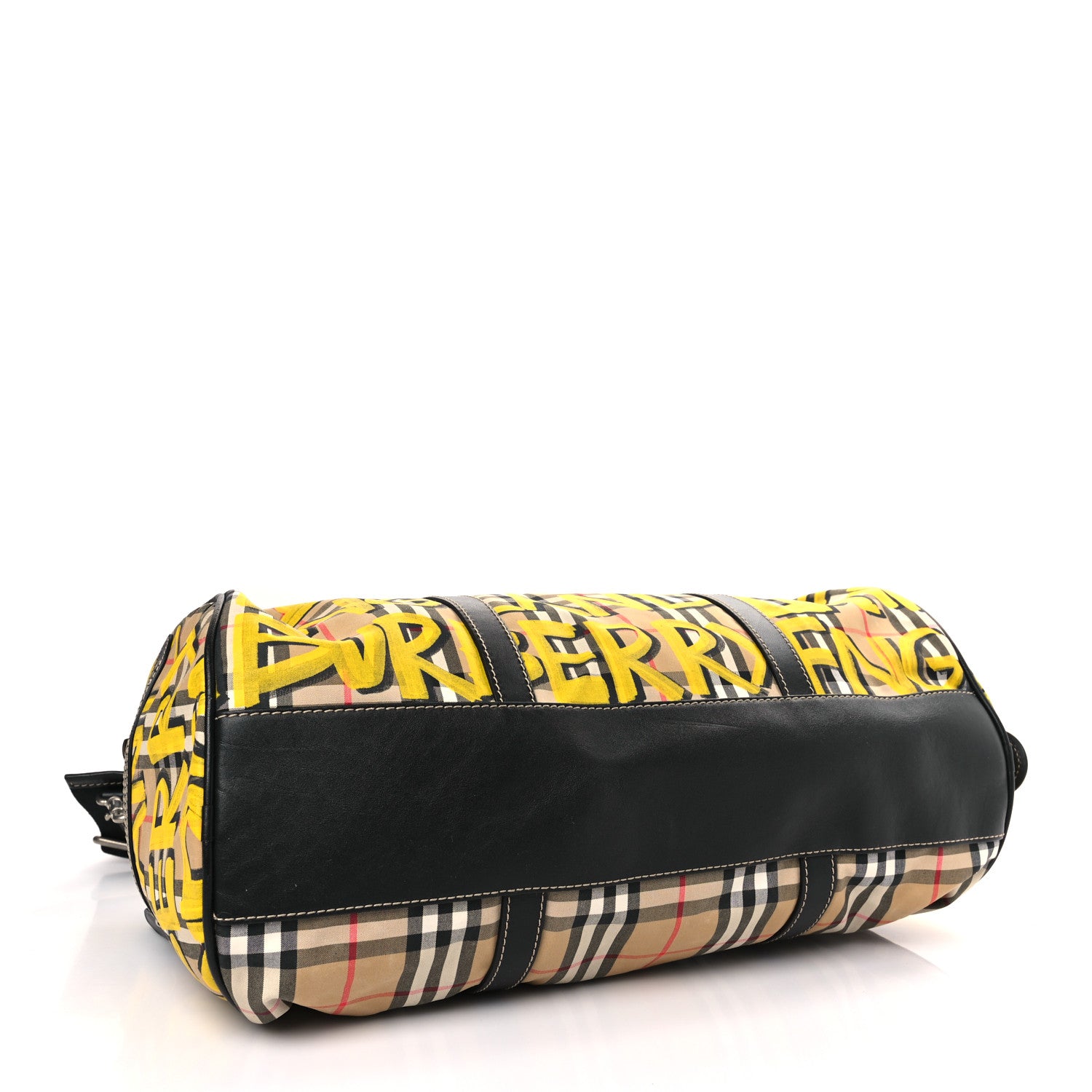 Burberry Calfskin Vintage Check Graffiti Print Duffle Bag Yellow 4 of 8