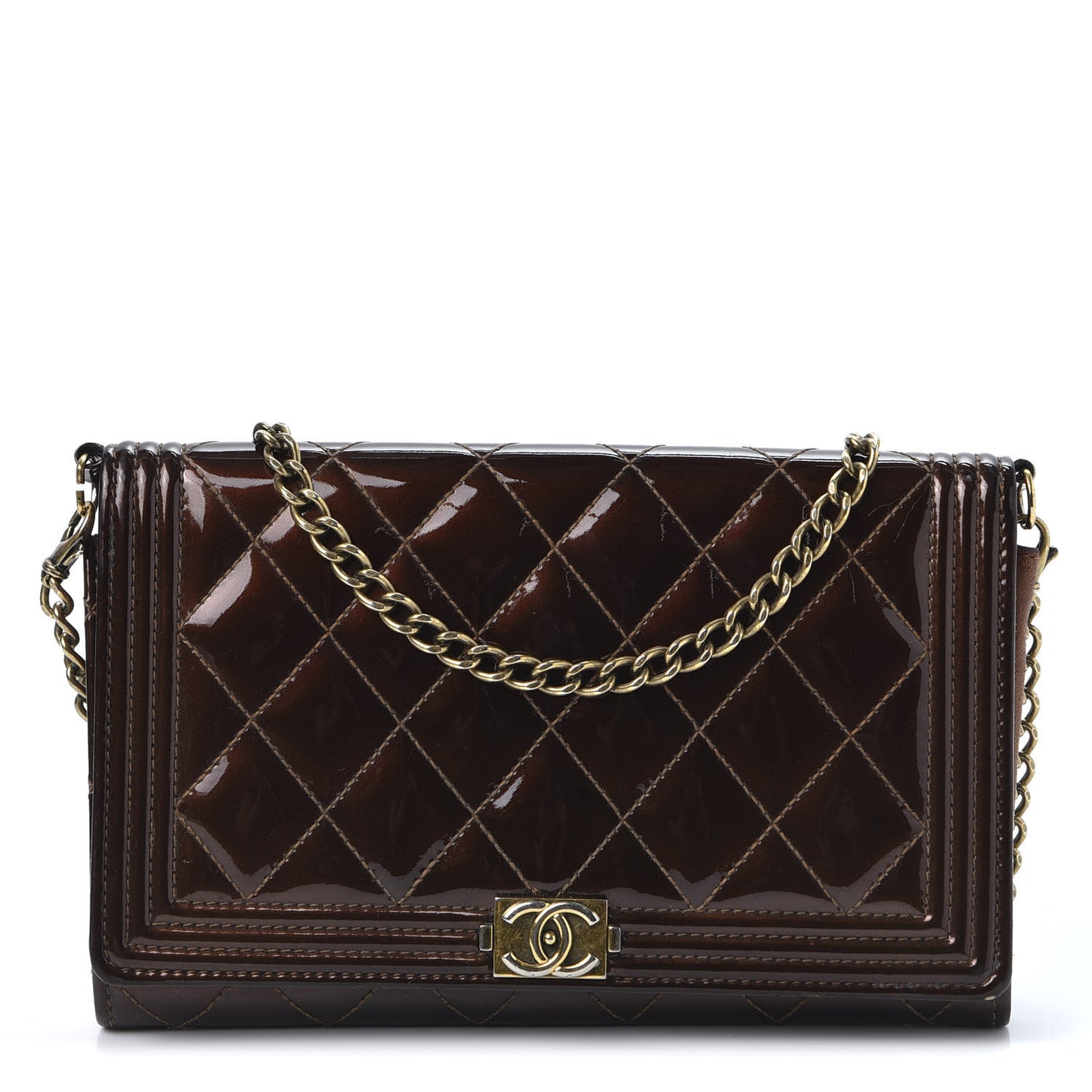 Patent Calfskin Quilted Boy Wallet On Chain WOC Brown