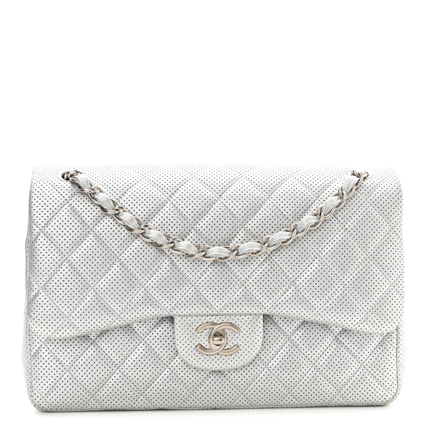 Metallic Perforated Lambskin Quilted Jumbo Double Flap Light Silver