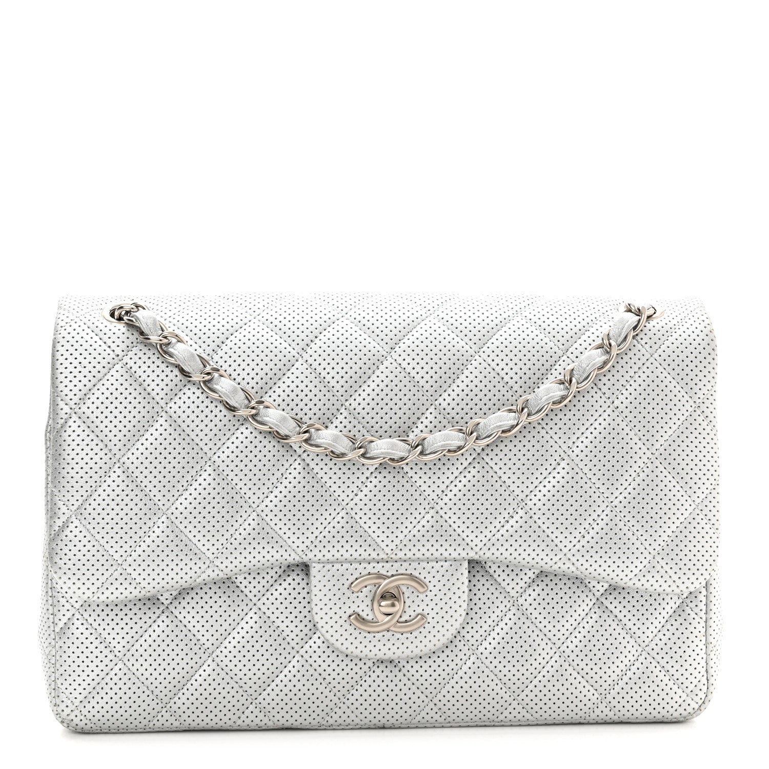 Chanel Metallic Perforated Lambskin Quilted Jumbo Double Flap Light Silver 1 of 10