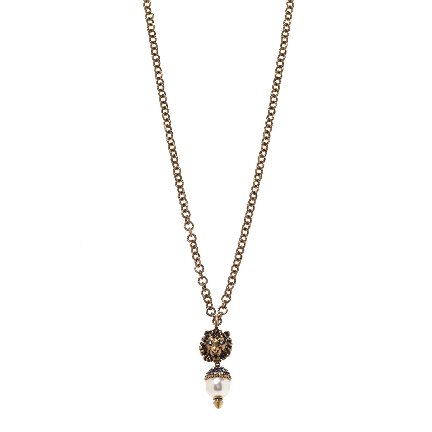 Gucci Metal Crystal Pearl Lion Head Necklace Aged Gold 1 of 7