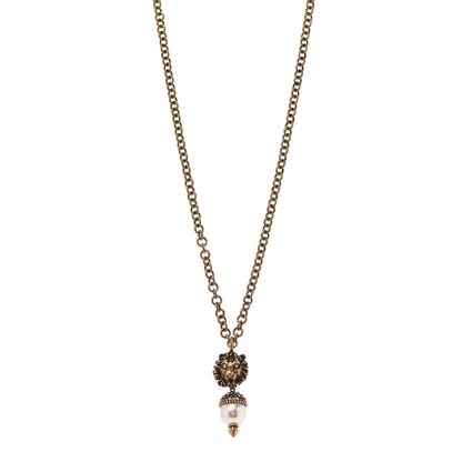 Gucci Metal Crystal Pearl Lion Head Necklace Aged Gold 1 of 7